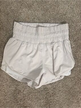 CRZ YOGA stone color white High-Waist Athletic Shorts with Smocked Waistband